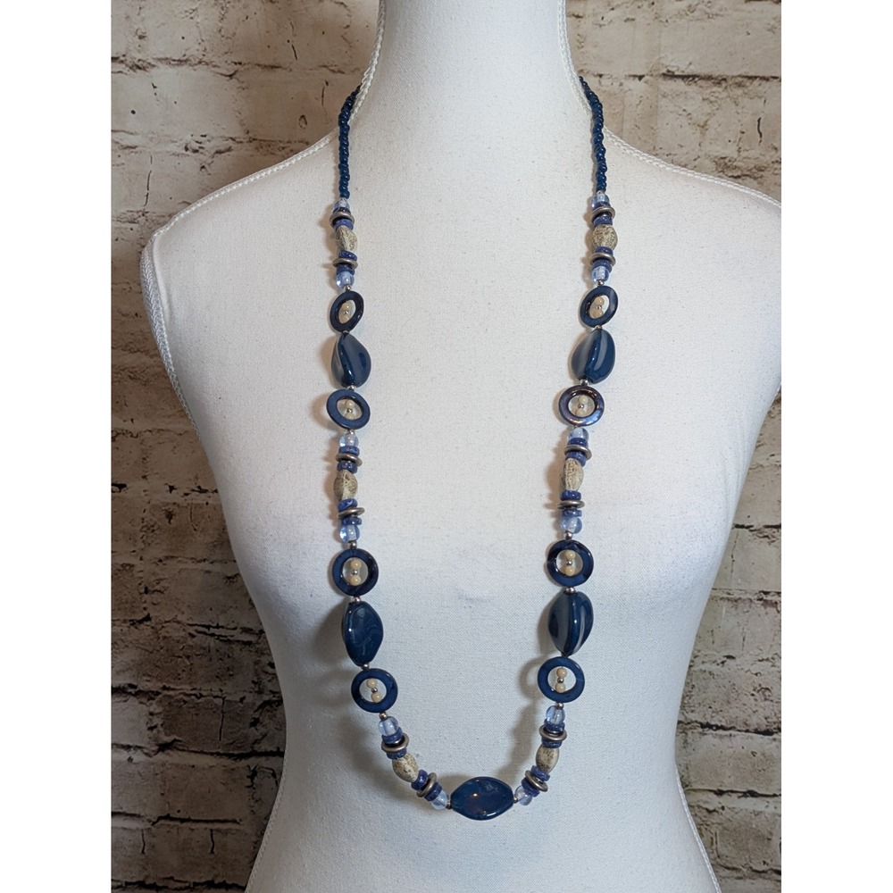 Long Artsy Beaded Necklace In Midnight Blue & Earthy Cream Colors Abstract 32"